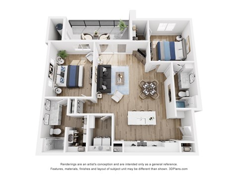 A 3D floor plan of a house with a kitchen, living room, and bedrooms.